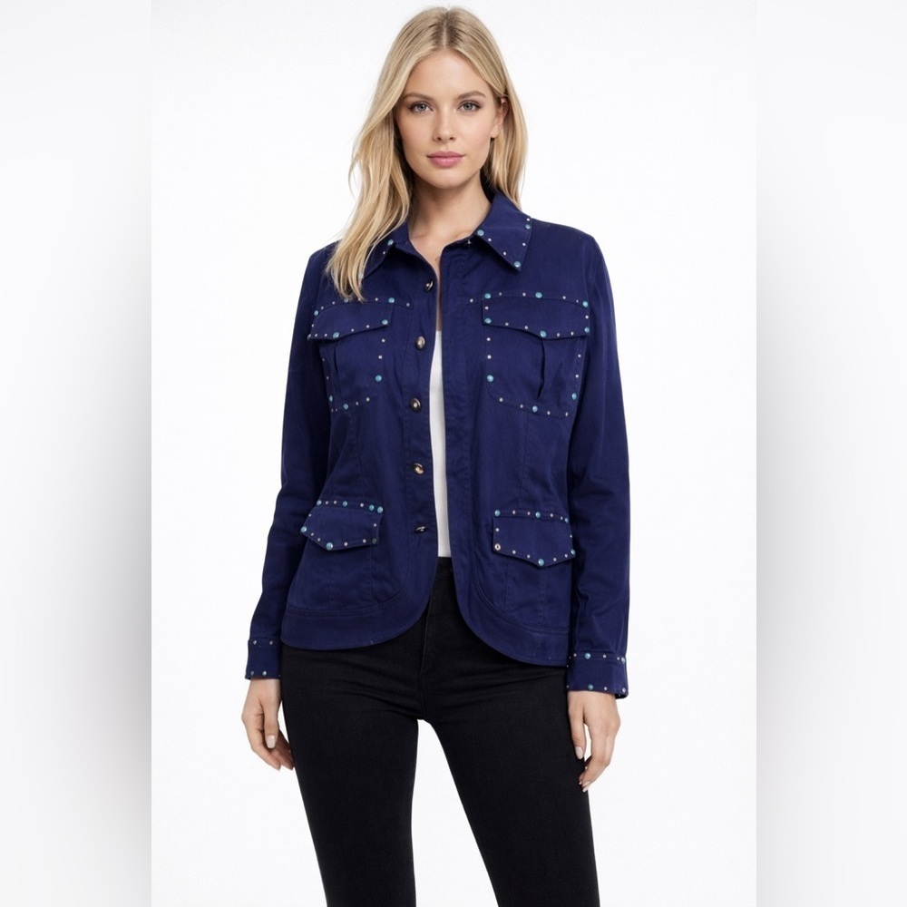 Maggie Sweet Women’s Jacket 1X Navy Rhinestone Embellished Button Front Chic